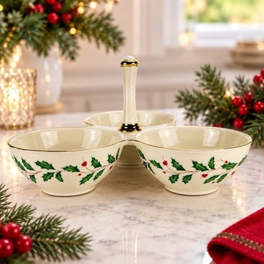 Lenox Holiday Dimension Collection 3 Section Serving Dish Holly Gold Handle
